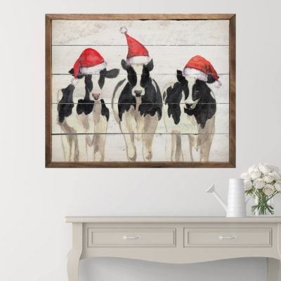 Three Christmas Cows Wooden Sign