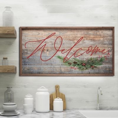 Welcome Red Berry Greenery Wooden Sign