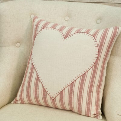 market place red ticking heart patch 18" x 18" pillow cover farmhouse pillowcase