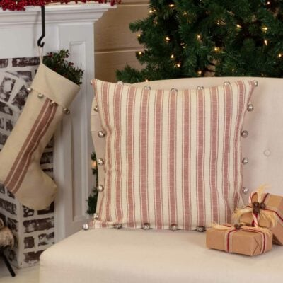 Sleigh Bells Ring Red Ticking Stripe 20" x 20" Pillow Cover w/ Jingle Bells