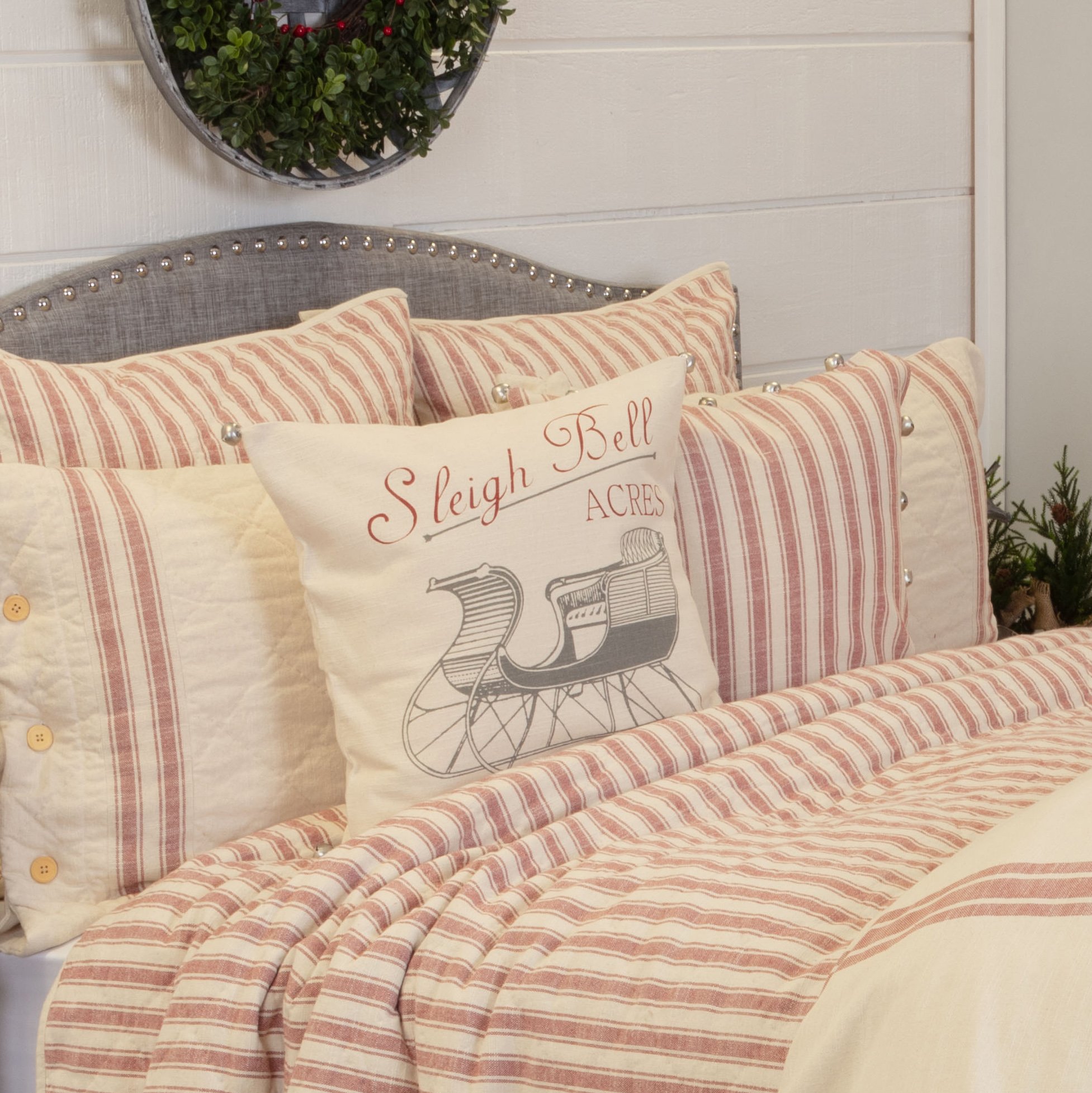 Red ticking stripe sales pillow