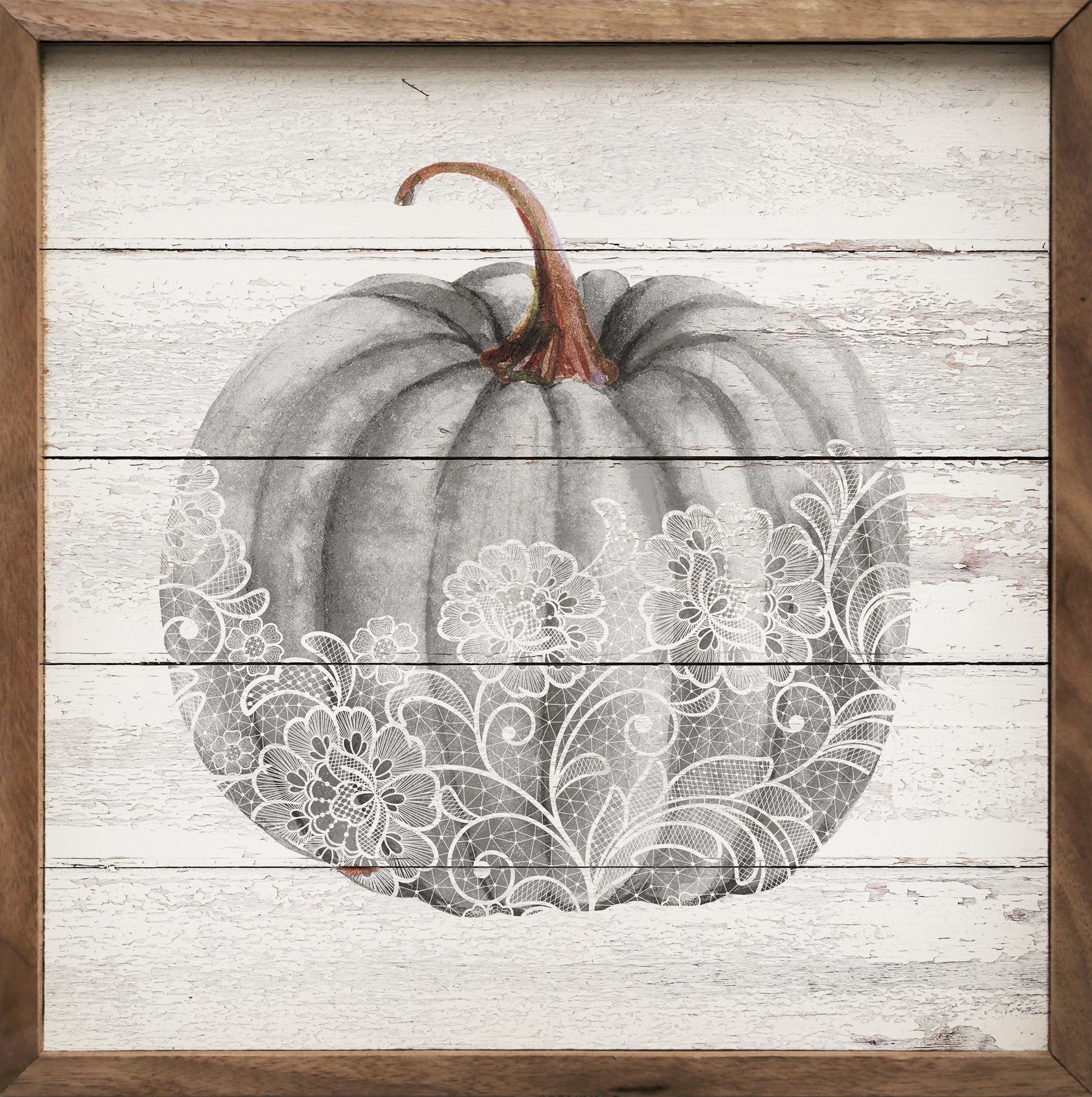 Rustic wooden sign with gray pumpkin & white floral design