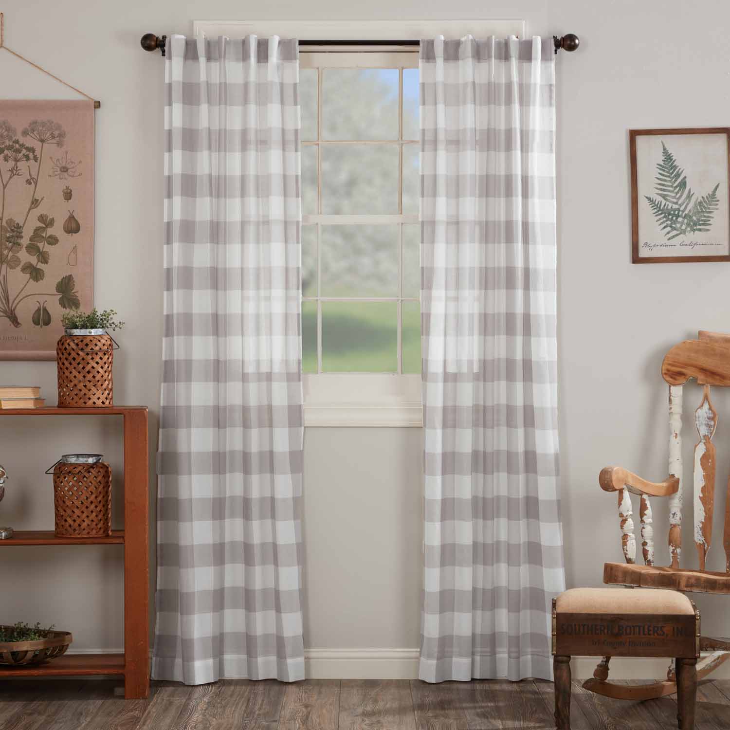 madison check gray sheer drapes 96" set of two farmhouse window panels