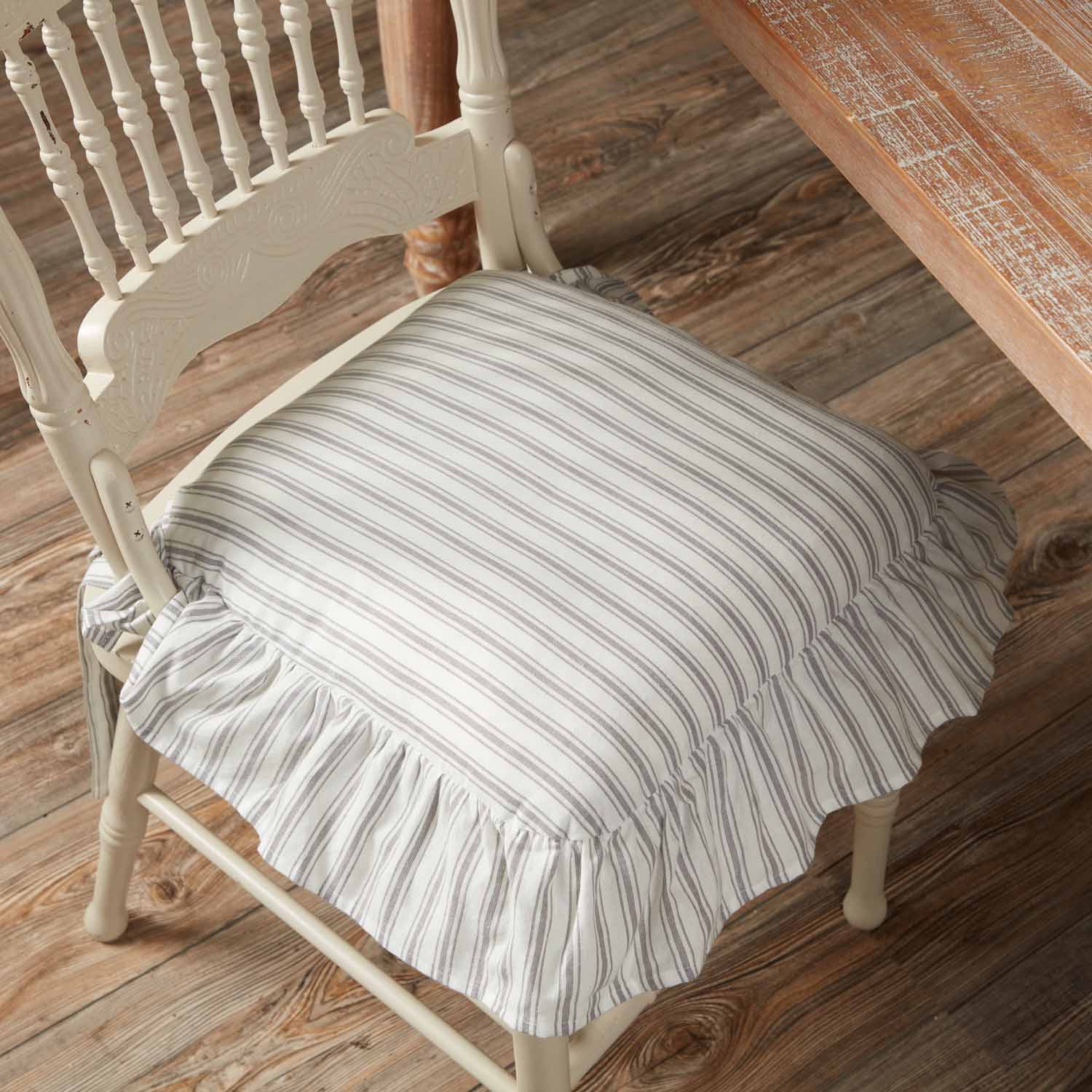 Timeless Ticking Gray Ruffled Chair Pad