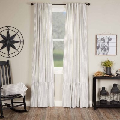 timeless ticking gray ruffled drapes set of two farmhouse window panels