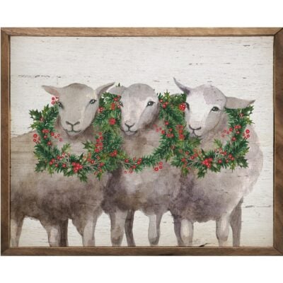 Sheep With Holiday Wreaths Wooden Sign