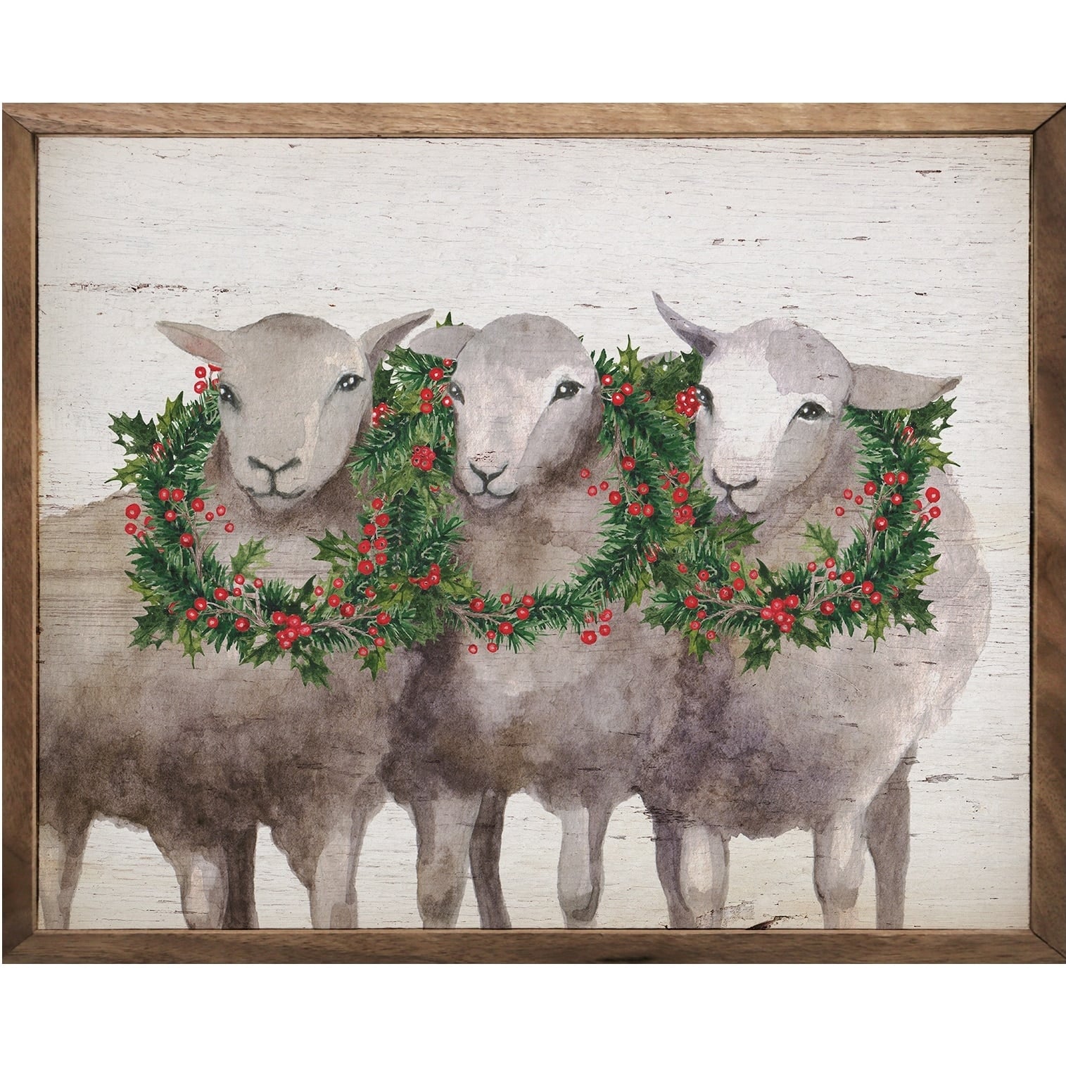 Sheep With Holiday Wreaths Wooden Sign