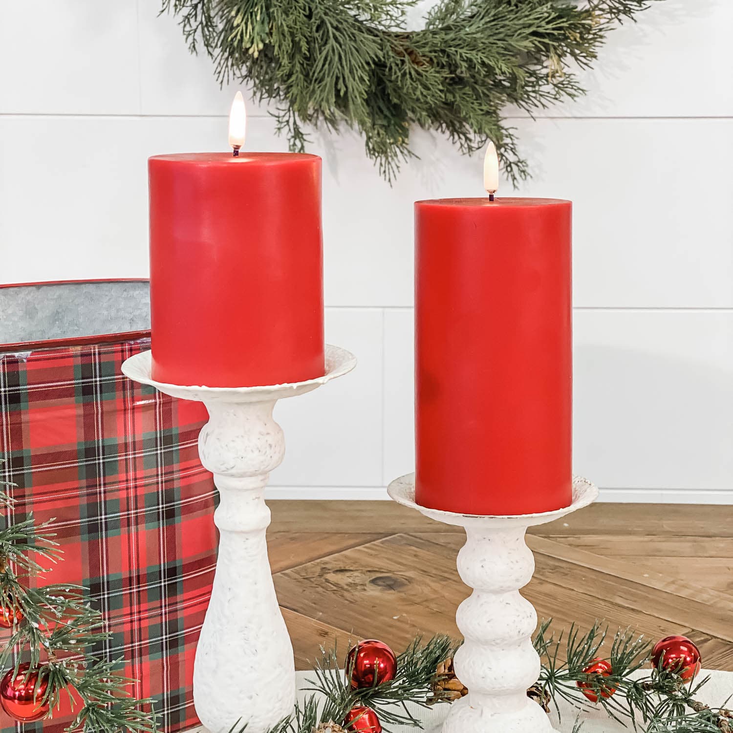 Bold, bright red flameless pillar candles perfect for holiday decorating
