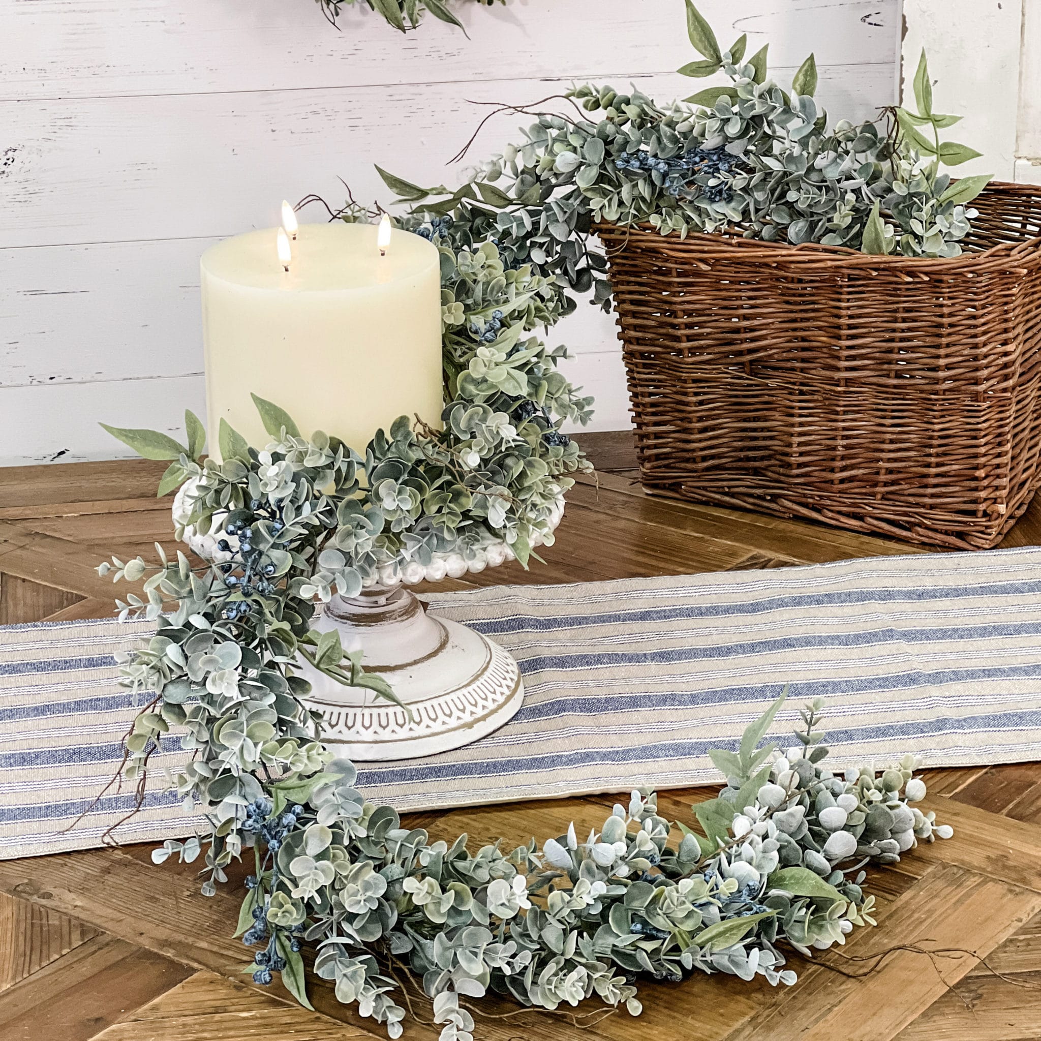 Eucalyptus & spear shaped leaves, blue berries in a garland