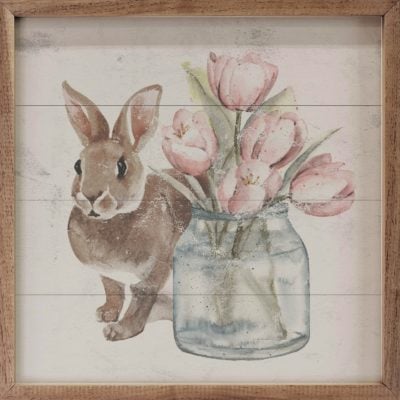 Brown Bunny And Jar Of Tulips Wooden Sign