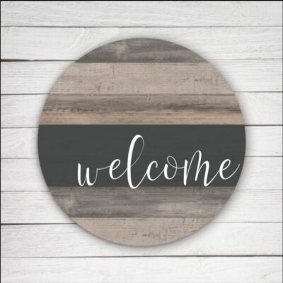 Welcome Stripe Whitewash Circle Wooden Sign