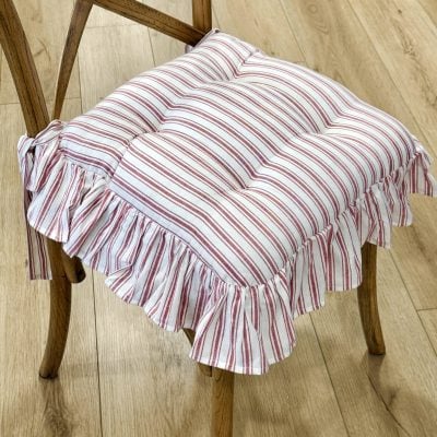 Timeless Ticking Red Ruffled Chair Pad