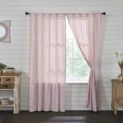 timeless ticking red ruffled drapes 96" set of two farmhouse window panels