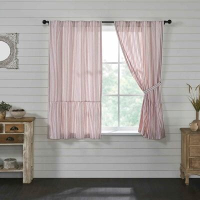 Timeless Ticking Red Ruffled Panels - 63" Set/2