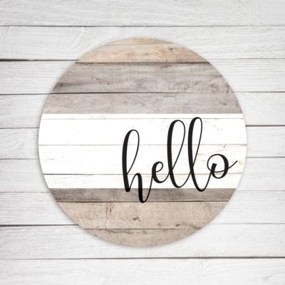 Hello White Stripe Whitewash Circle Wooden Sign