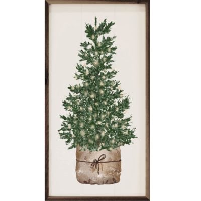 Watercolor Christmas Tree With Lights Wooden Sign