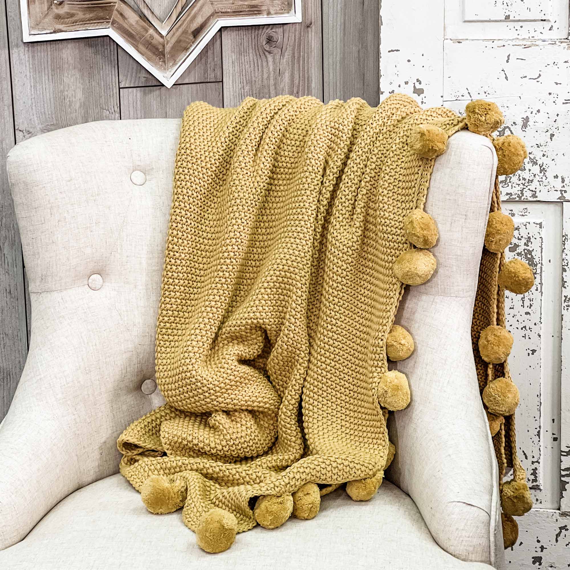 64 inch Yellow Moss Stitch Knit Throw W/Pompom Trim