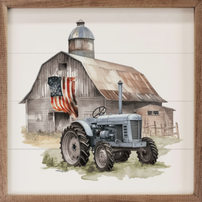 American Flag Barn Tractor Wooden Sign