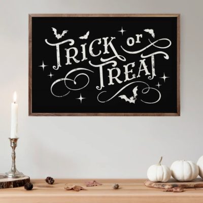 Trick Or Treat Bats & Curls Black Wooden Sign