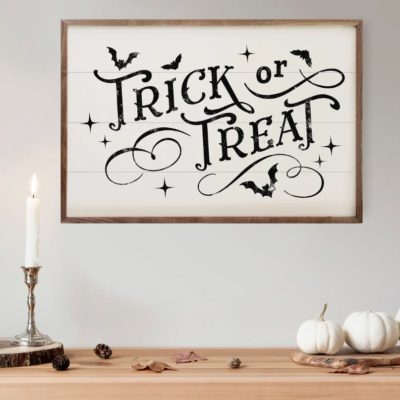 Trick Or Treat Bats & Curls White Wooden Sign