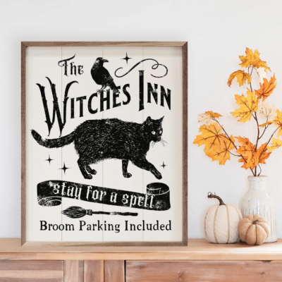 Witches Inn Stay For A Spell Cat White Wooden Sign