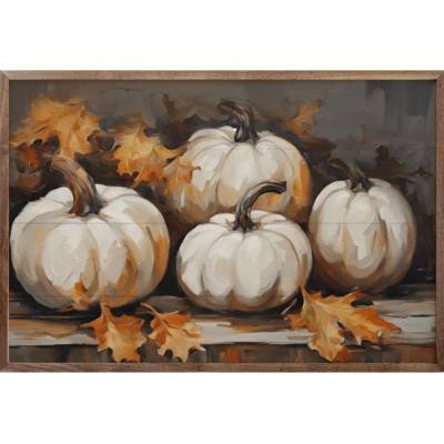 Four White Pumpkins With Leaves Black Wooden Sign