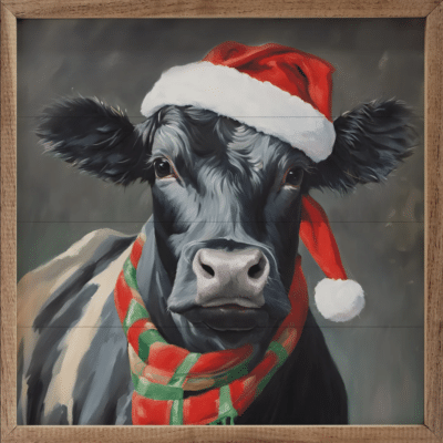 Santa Cow w/ Hat Wooden Sign