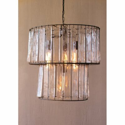 Two-Tiered Round Pendant Chandelier w/ Beveled Glass