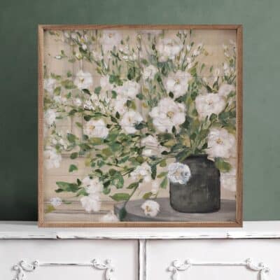 White Bouquet Gray Vase Wooden Sign