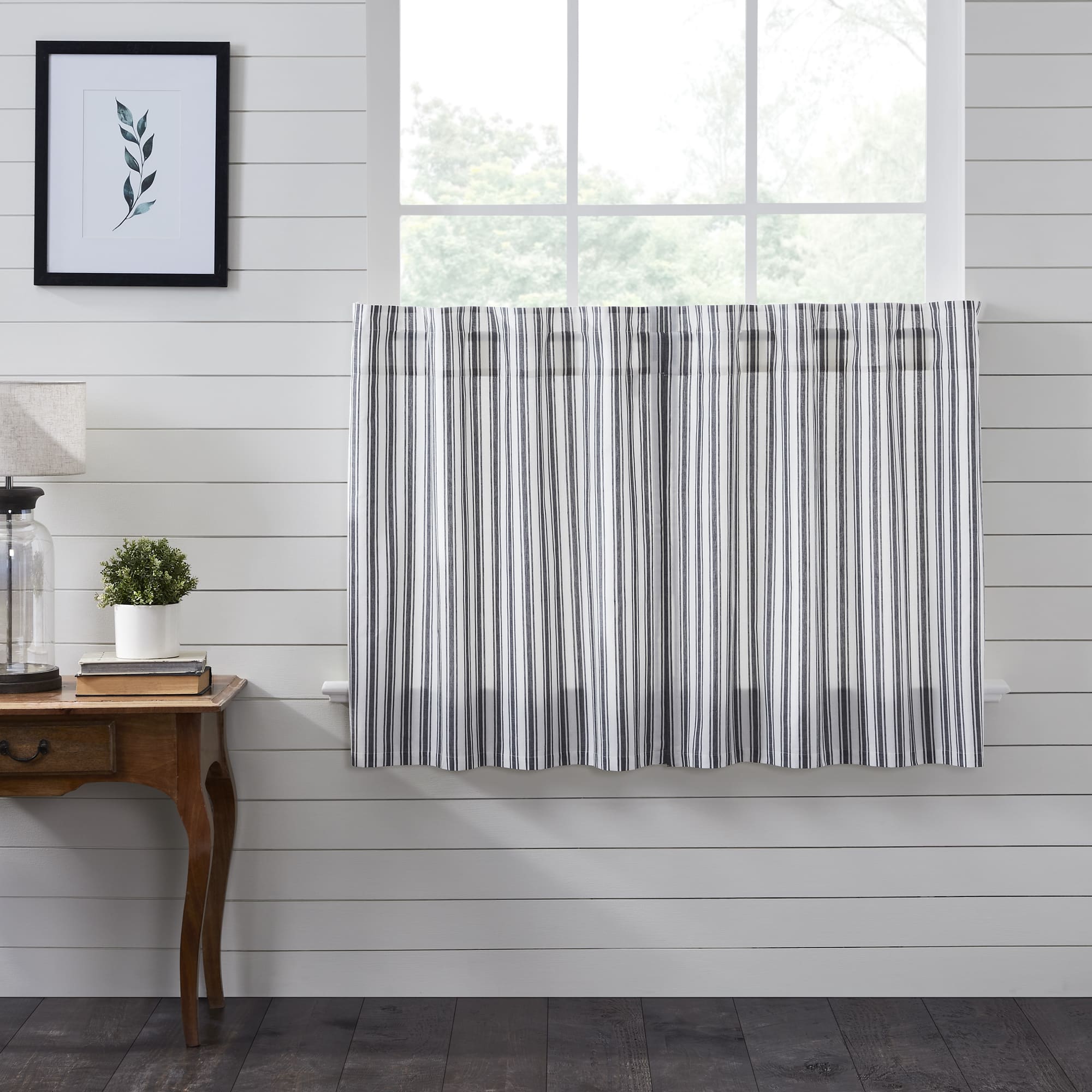 sawyer mill black ticking stripe tiers set of two farmhouse cafe curtains