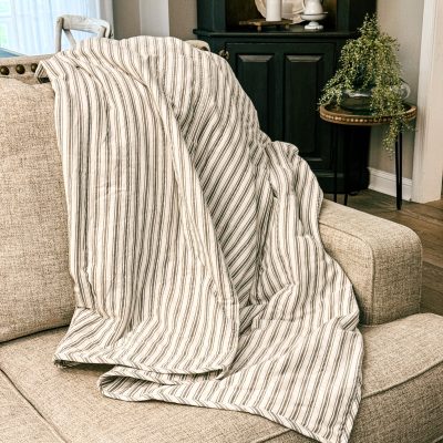 timeless ticking gray quilted throw farmhouse blanket