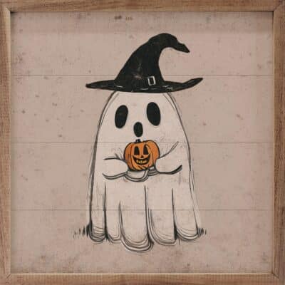 Ghost With Black Hat Wooden Sign