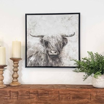 weathered highlander framed cow on canvas farmhouse cow artwork