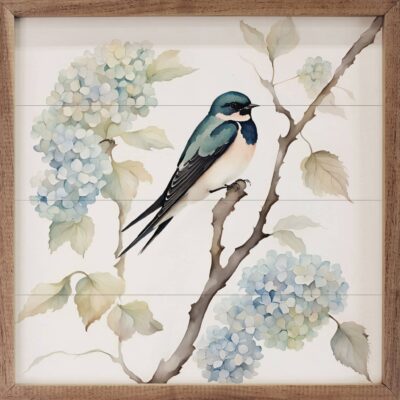 Barn Swallow On Hydrangea Bush Wooden Sign
