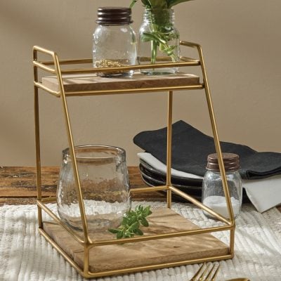 two tier wood and gold organizer farmhouse rack