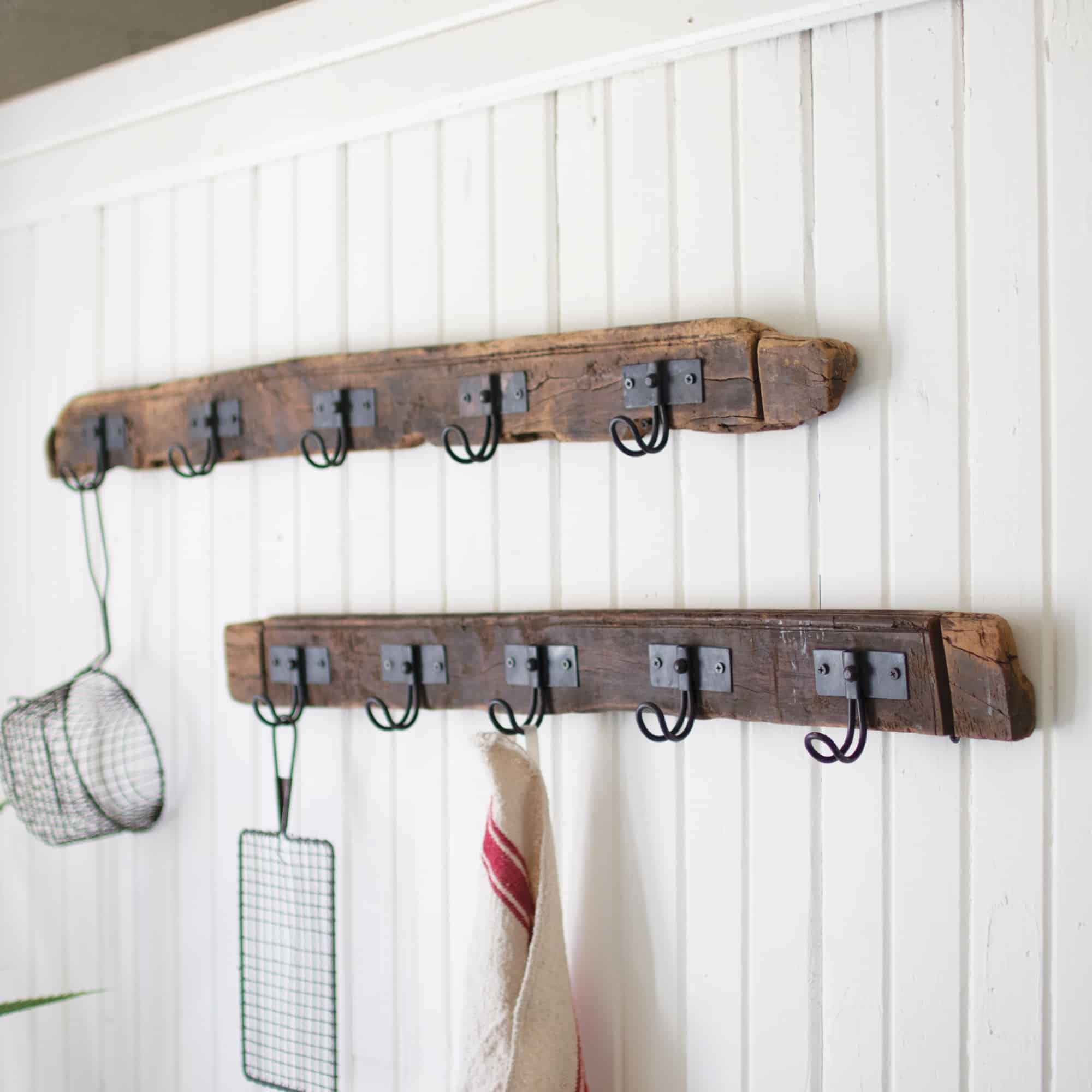 Recycled Wood Coat Rack w/ Five Wire Hooks, Set/2