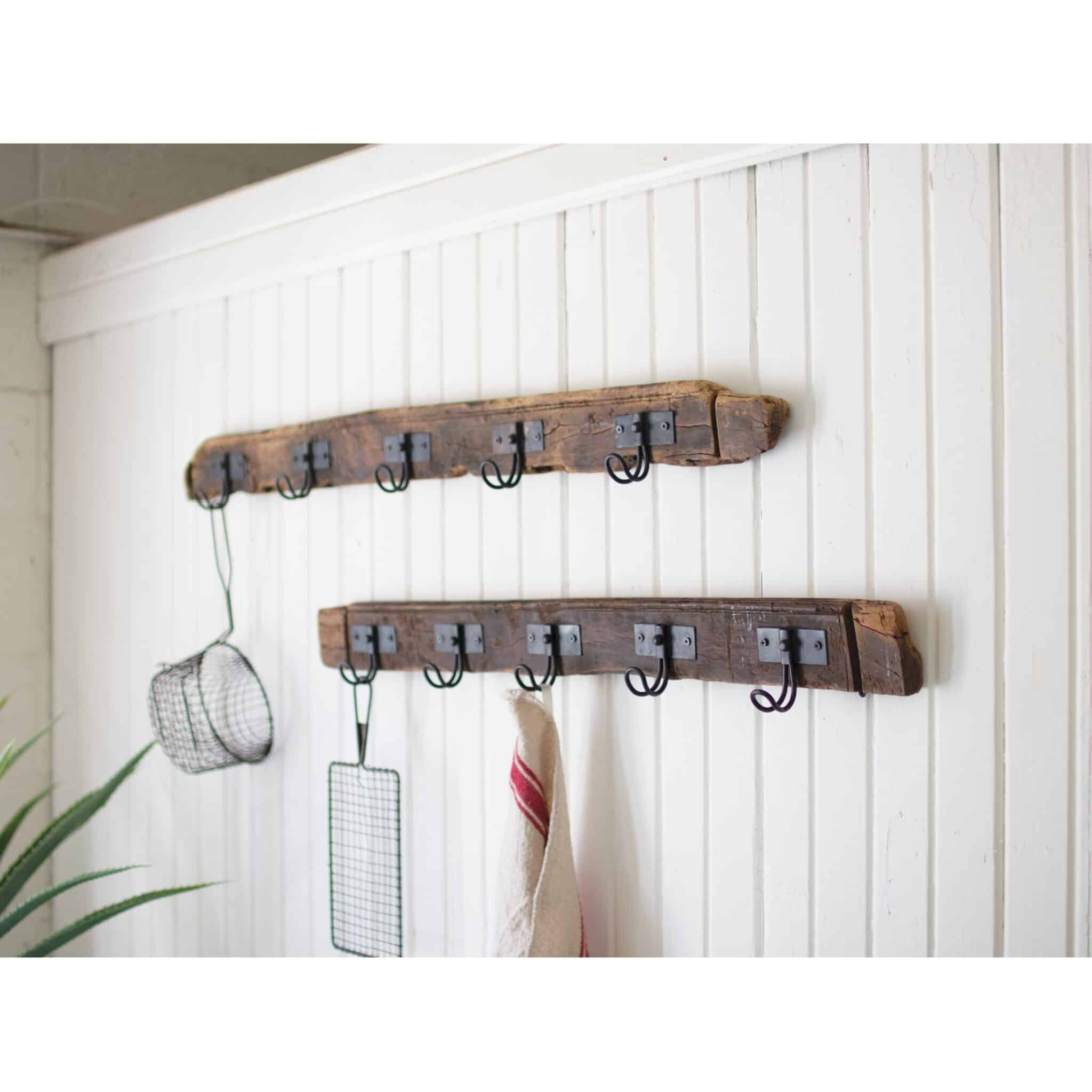 Recycled Wood Coat Rack w/ Five Wire Hooks, Set/2 - Image 2