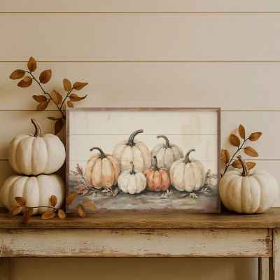 Gathered Pumpkins On A Tabletop Wooden Sign