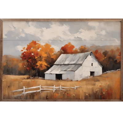 White Barn With White Fence Wooden Sign