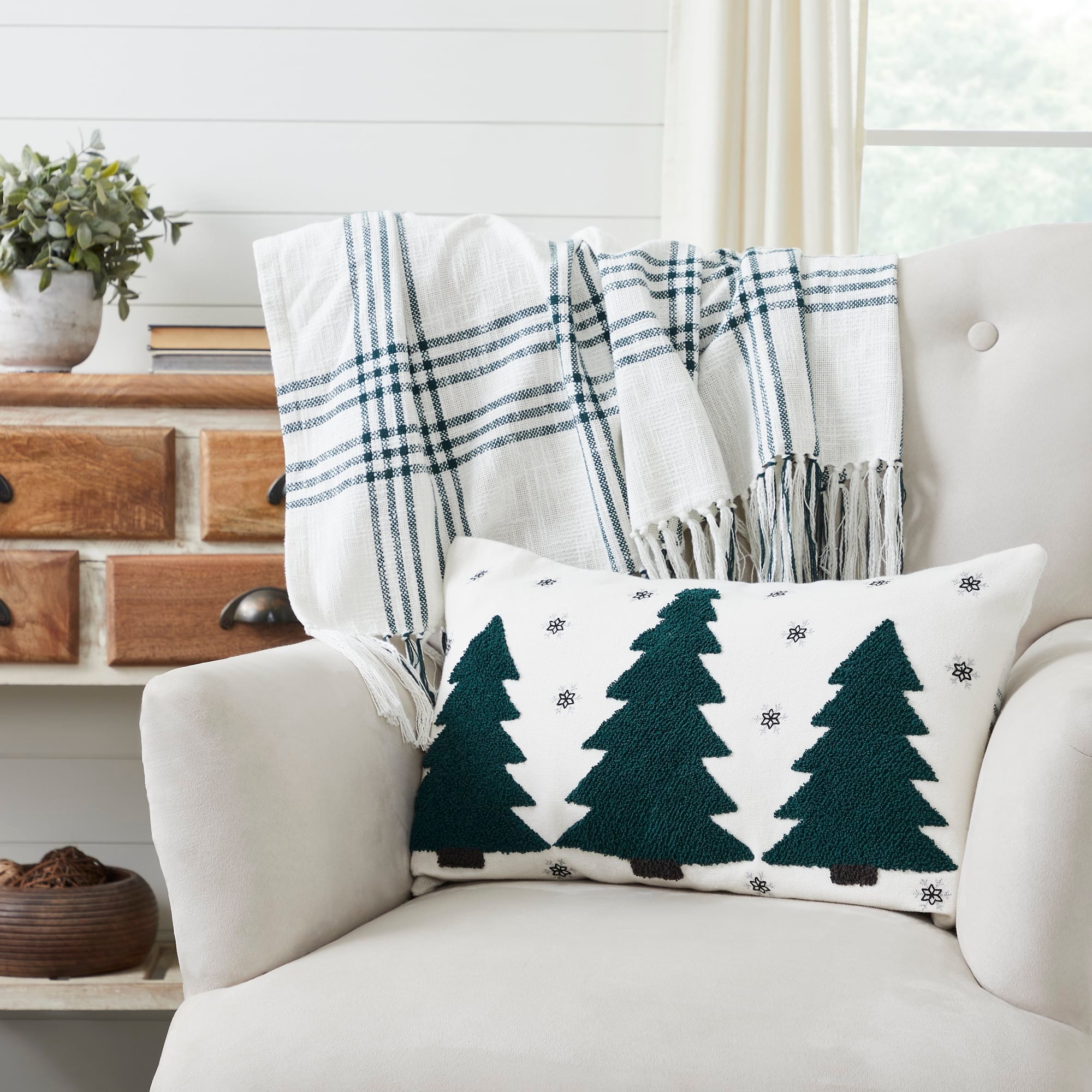 Pine Grove Plaid Embroidered Trees Filled Pillow - 14" x 22"