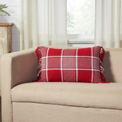Eston Red White Plaid Fringed Filled Pillow - 14" x 22"