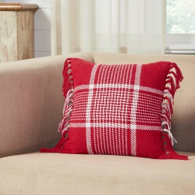 Eston Red White Plaid Fringed Filled Pillow - 12" x 12"