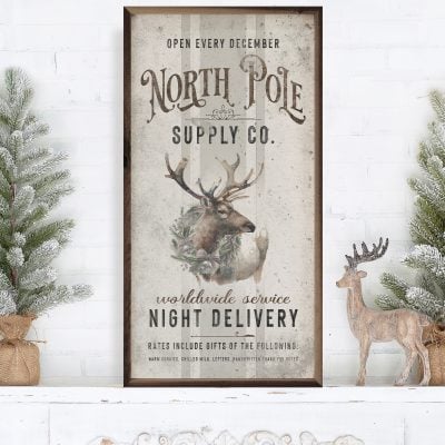 North Pole Supply Co Reindeer White Wooden Sign