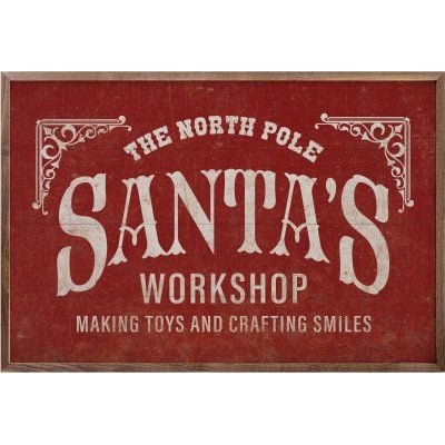 Santas Workshop Making Toy Red Wooden Sign