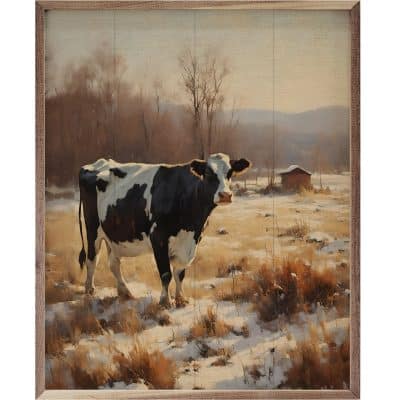 Dairy Cow In Snowy Field Wooden Sign
