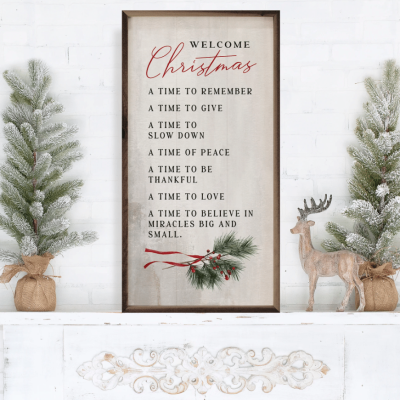 Welcome Christmas A Time Greenery Whitewash Wooden Sign