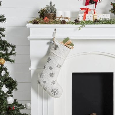 Yuletide Burlap Antique White Snowflake Stocking