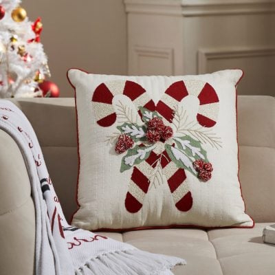 Candy Cane & Holly Filled Pillow - 18" x 18"