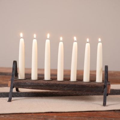 Vintage Wood Block Seven Candle Holder with Iron Legs