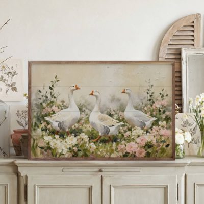 White Geese In Pink & White Flowers Wooden Sign